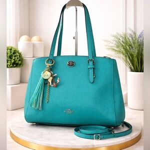 Coach Turnlock Carryall 29 Aqua Blue Teal Leather Shoulder Crossbody Satchel Bag
